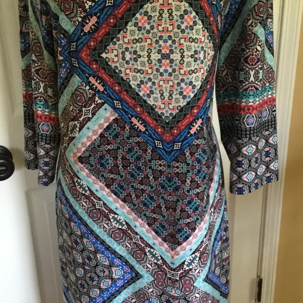 Office Chic Column Dress Size 14 Retro Abstract Print 3/4 Sleeve Dress Blue Pink - Picture 3 of 9